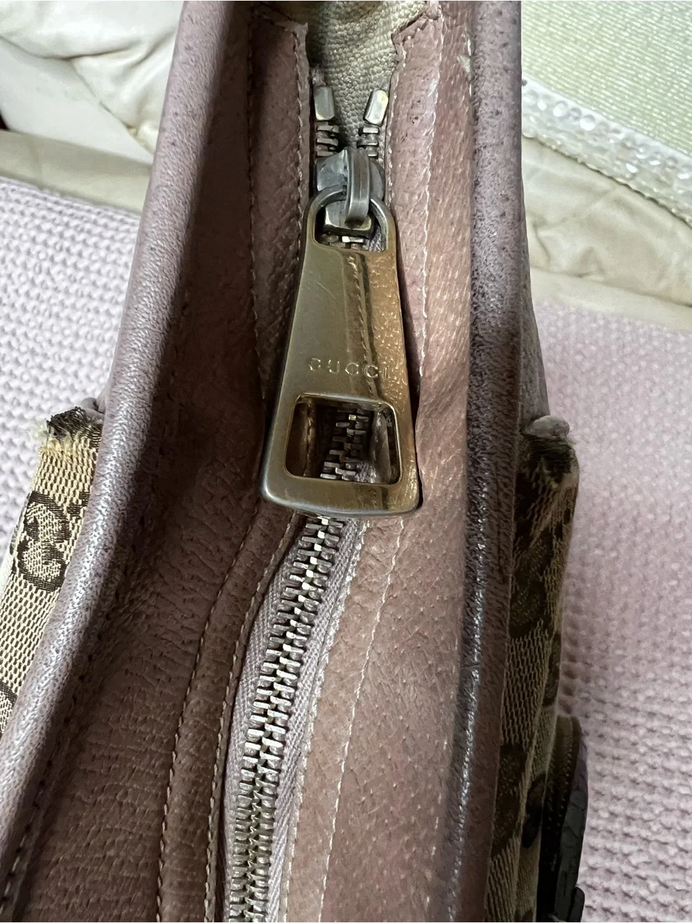 Gucci Bree GG Canvas Leather Tote Bag Pink/Taupe Authentic Made in Italy 323671